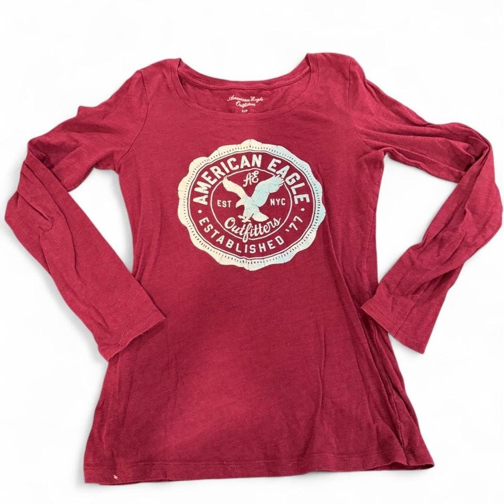 American Eagle Graphic Long Sleeve Tee Burgundy Y2K 2013 Eagle Crest Logo Small